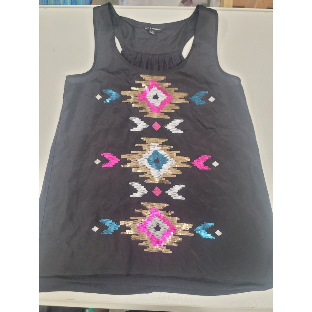 Rock & Republic Womens Black Sequin Geometric Southwestern Tribal Tank Top Small